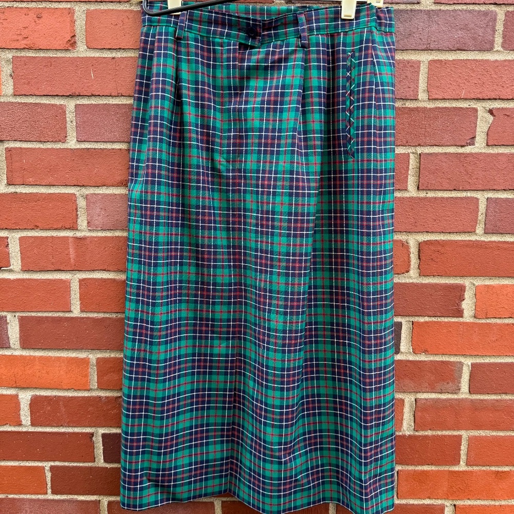 Vintage Pendleton Tartan Plaid Green Red Blue Wool Preppy Pencil Skirt USA 12 - Picture 2 of 4